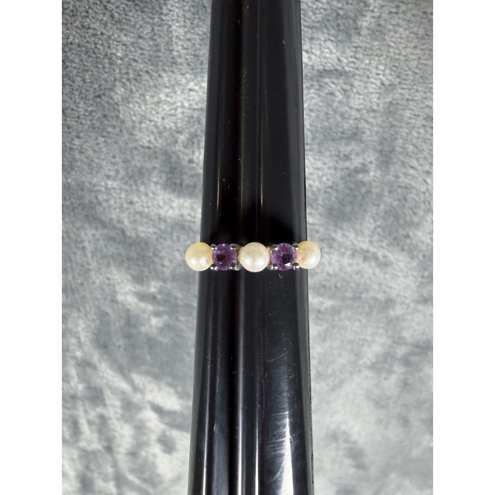 Vintage Style 925 Sterling Silver Amethyst & Pearl 3 Stone Ring Size 7.25